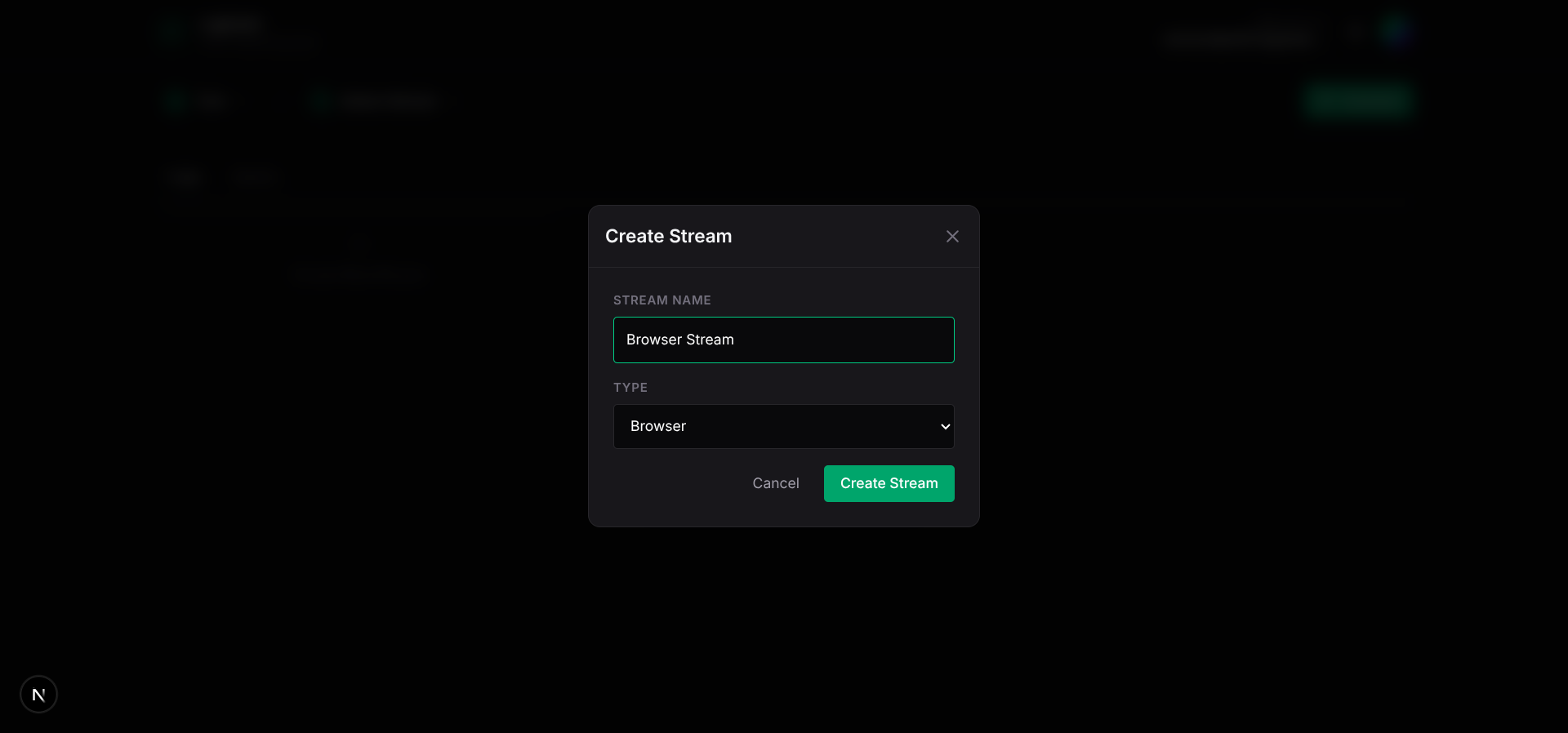 Creating a new browser stream in the Loghead Cloud dashboard