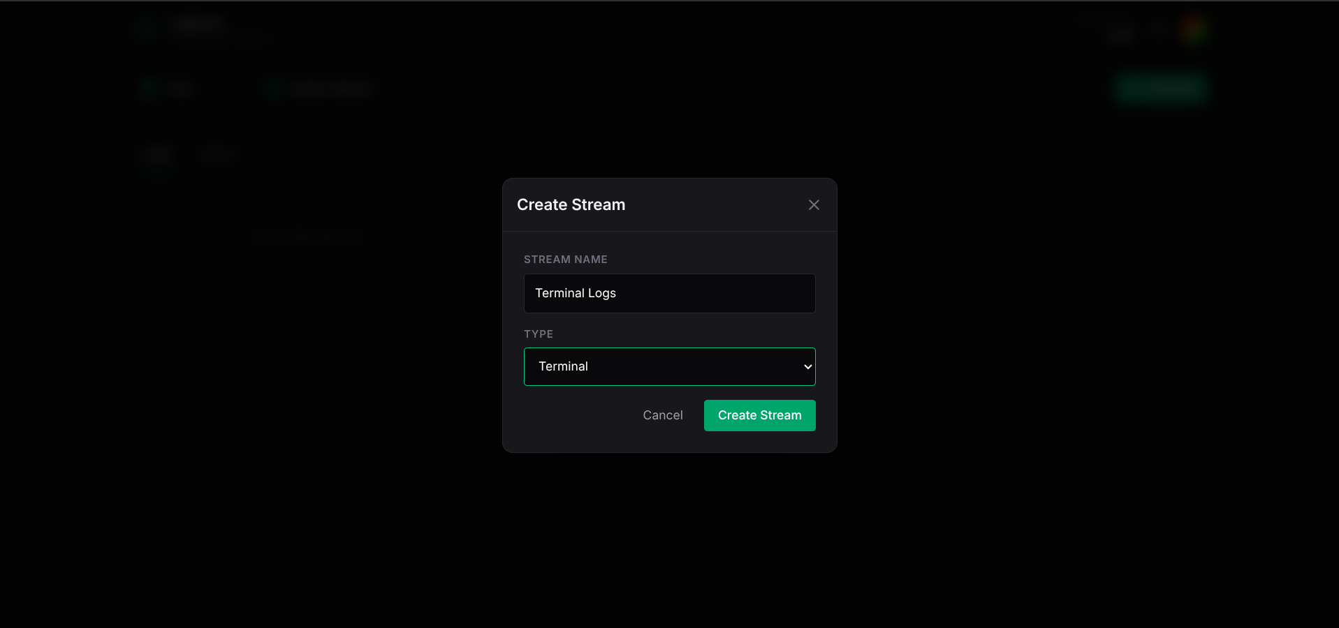 Selecting 'Terminal' as the data stream type