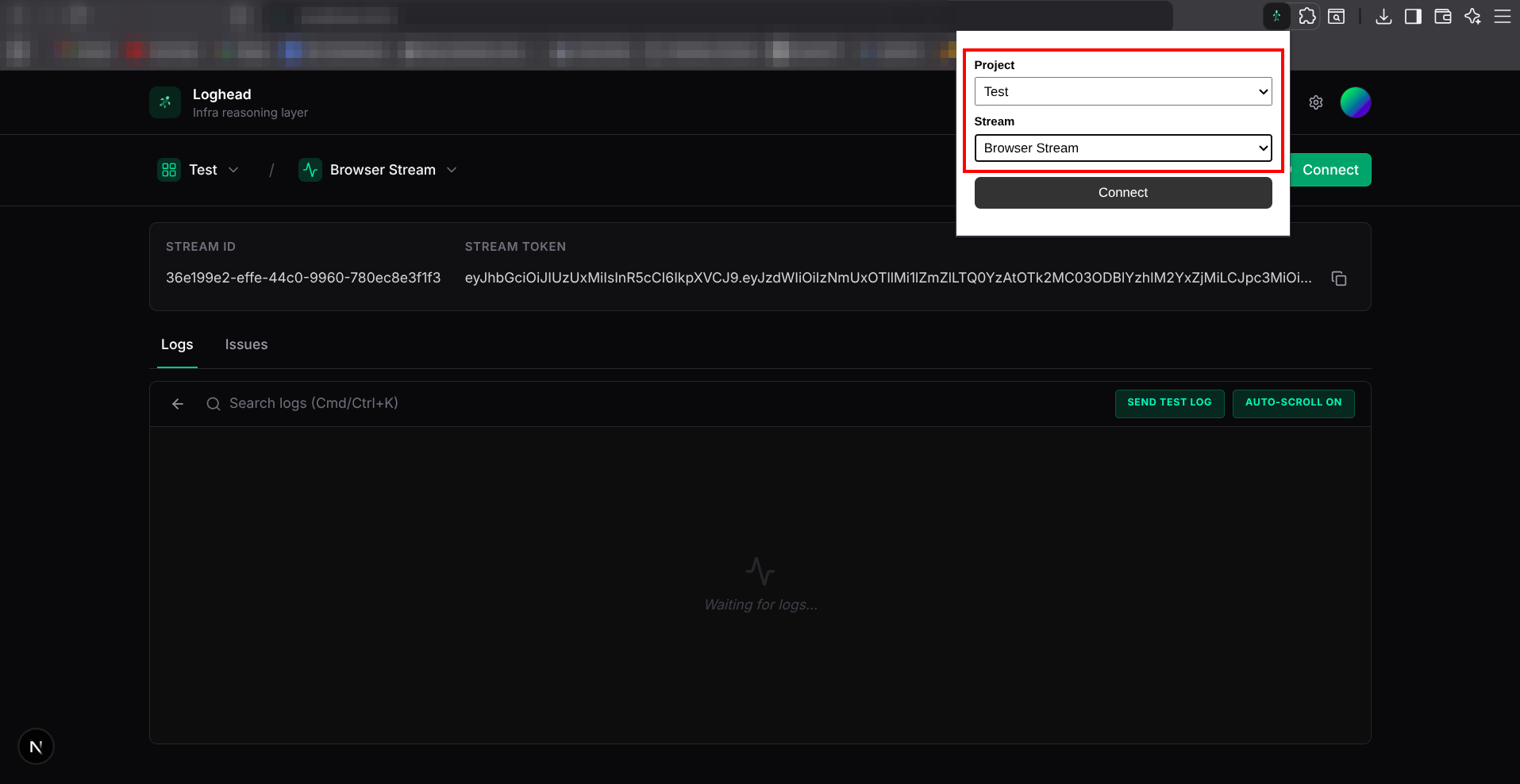 Selecting the project and browser stream in the extension