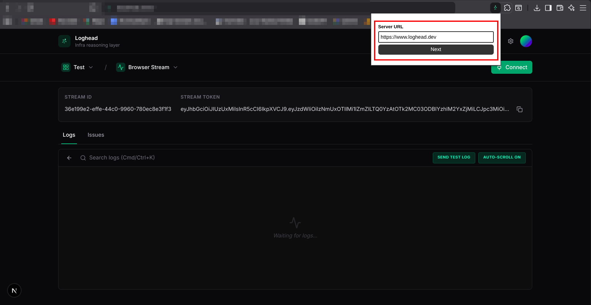 Pasting the server URL in the Loghead Collector extension