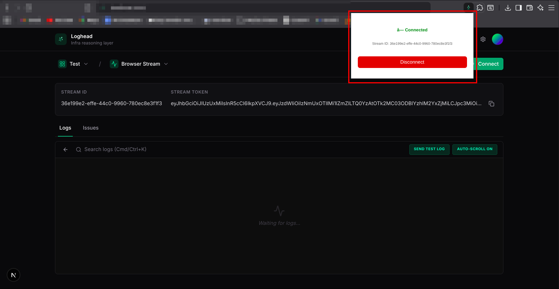 Loghead Collector successfully connected and streaming logs